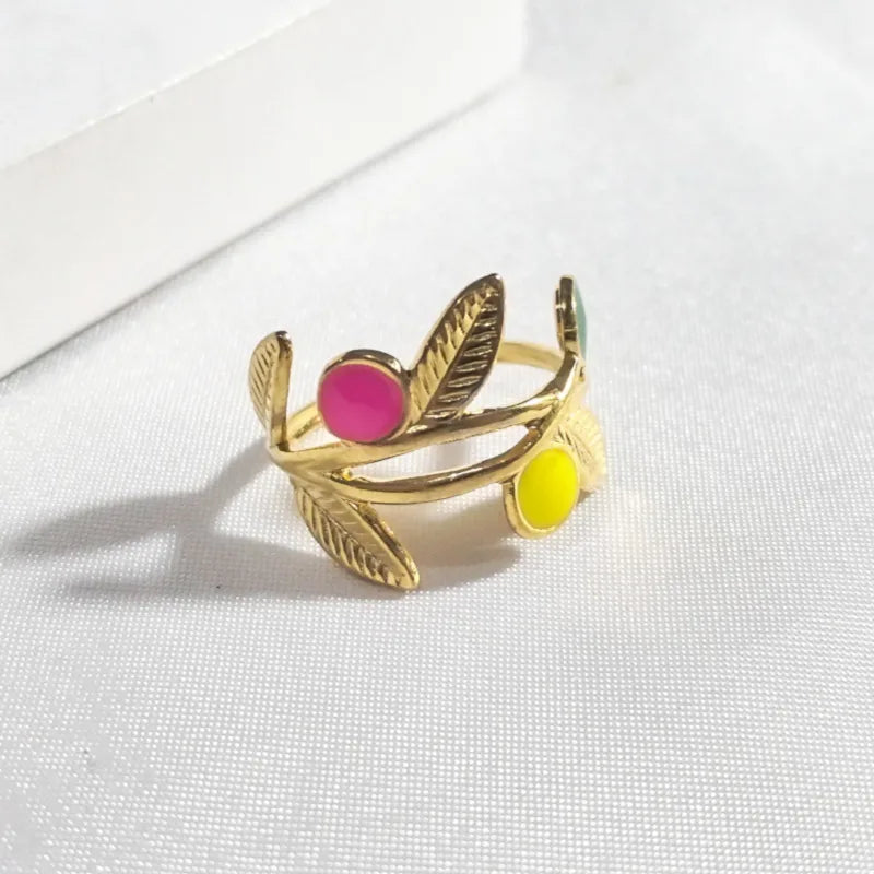 18K Gold Leaf & Flower Open Ring – Stainless Steel