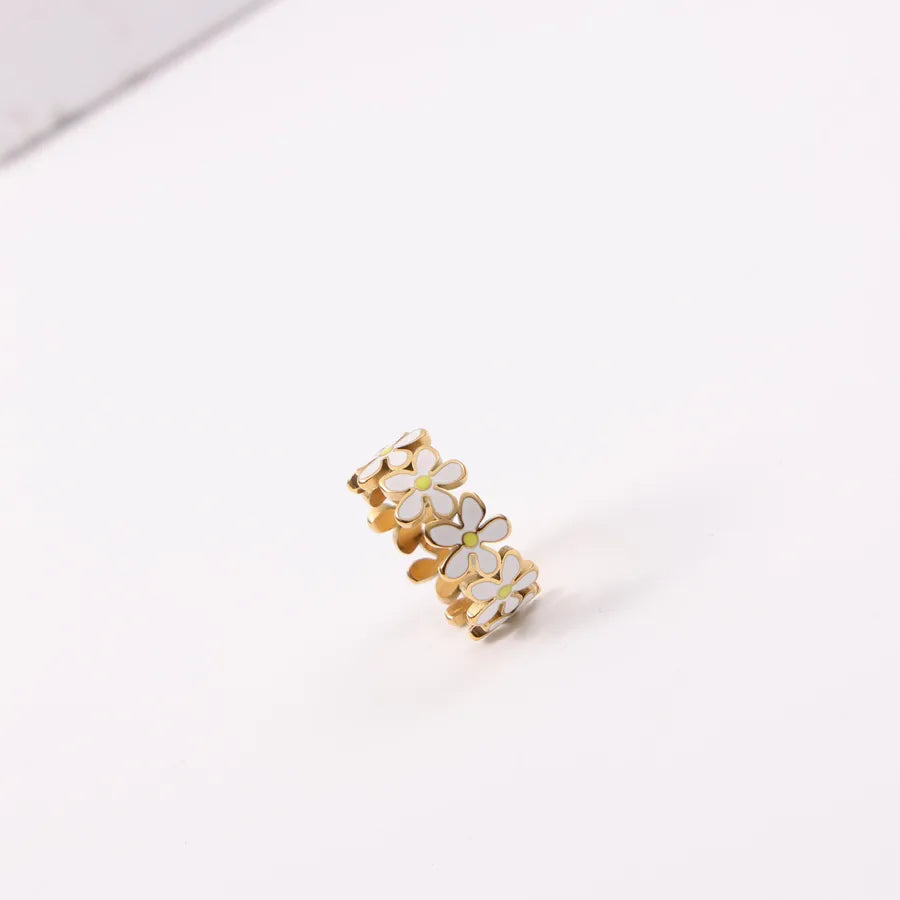 18K Gold Floral Titanium Steel Enamel Ring