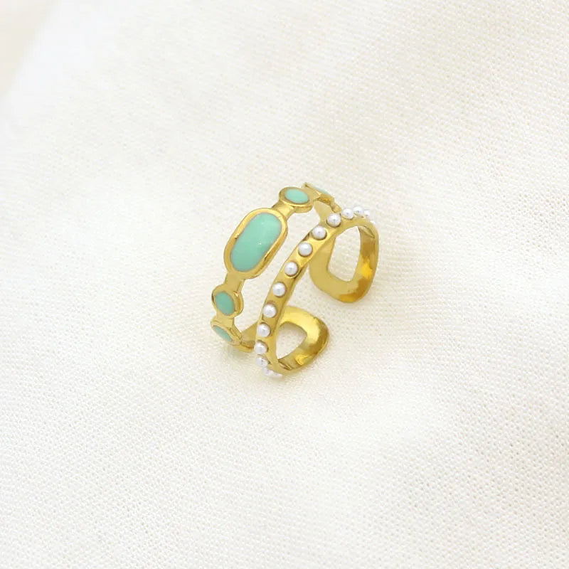 Leaf Enamel Stainless Steel Open Ring for Women Style 1