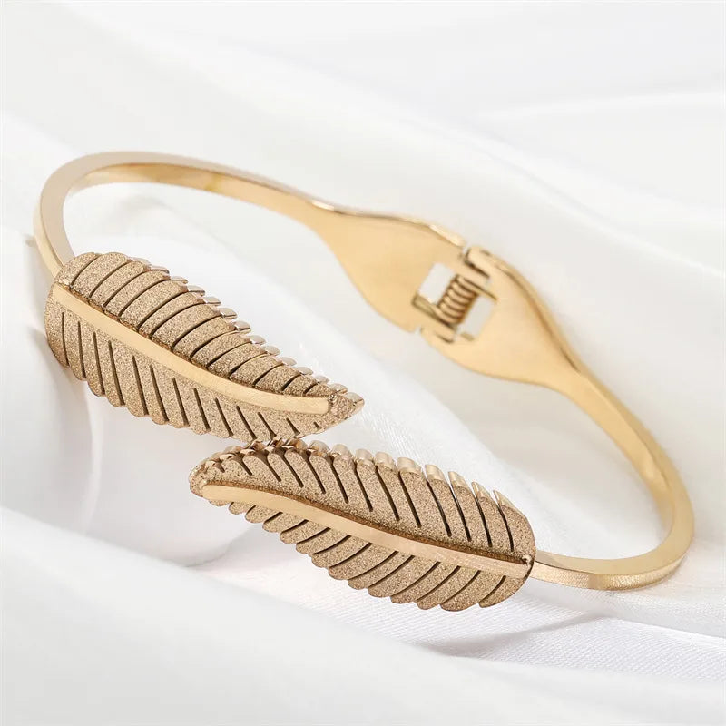 Feather Leaf Open Cuff Bracelet – Stainless Steel Bracelet( Gold )