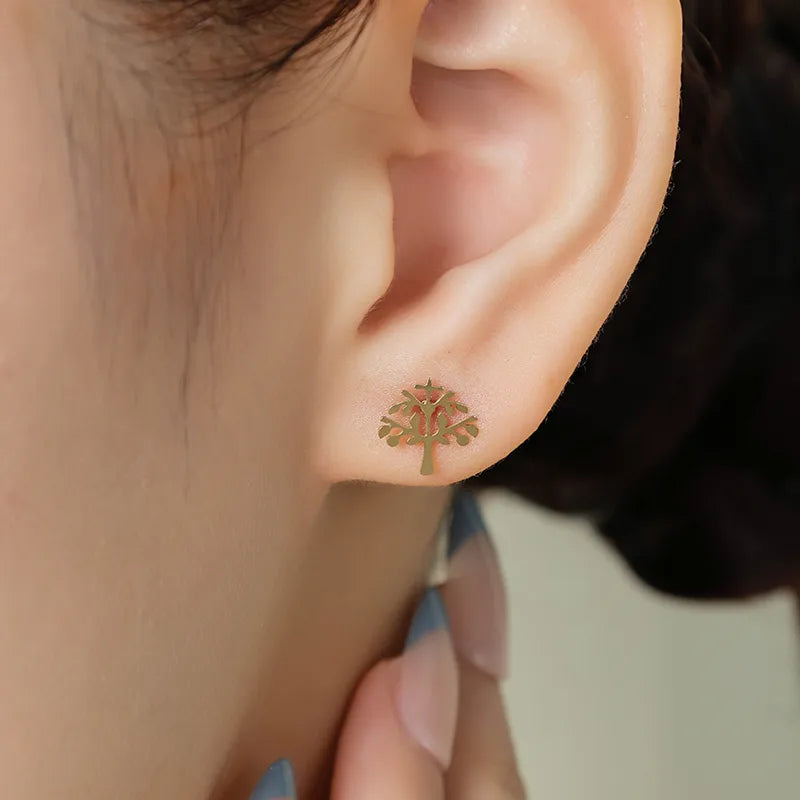 14K Gold Tree of Life Stainless Steel Stud Earrings