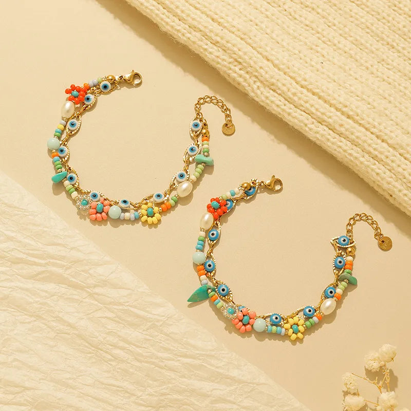 18K Gold Boho Eye & Flower Double Layer Bracelet