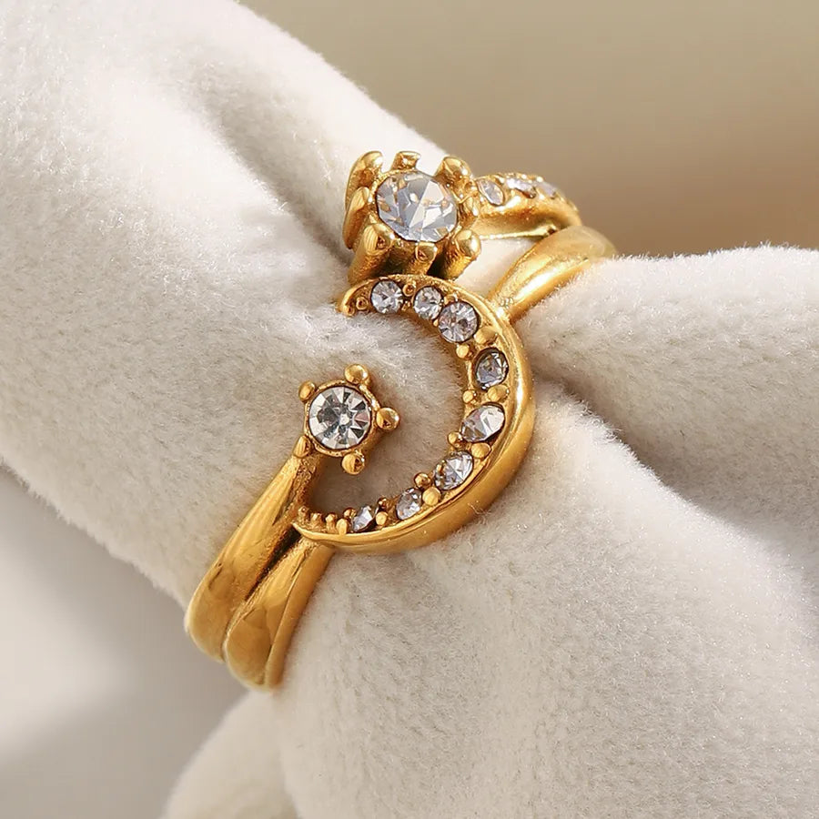 18K Gold Moon Ring with Rhinestones
