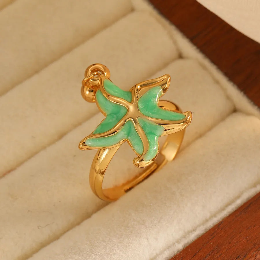 Gold Plated Starfish & Pentagram Adjustable Ring Average Size Green