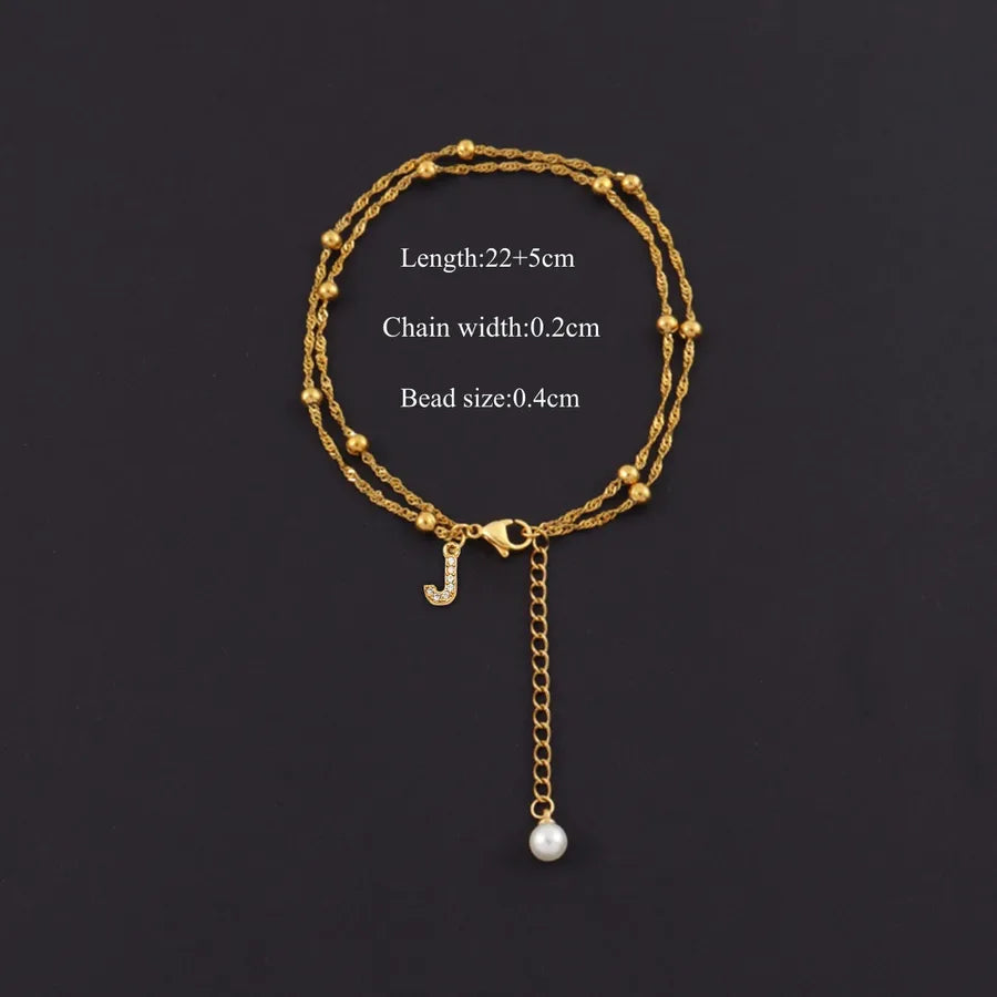 Gold Plated Letter Anklet with Pearl & Zircon Gold j