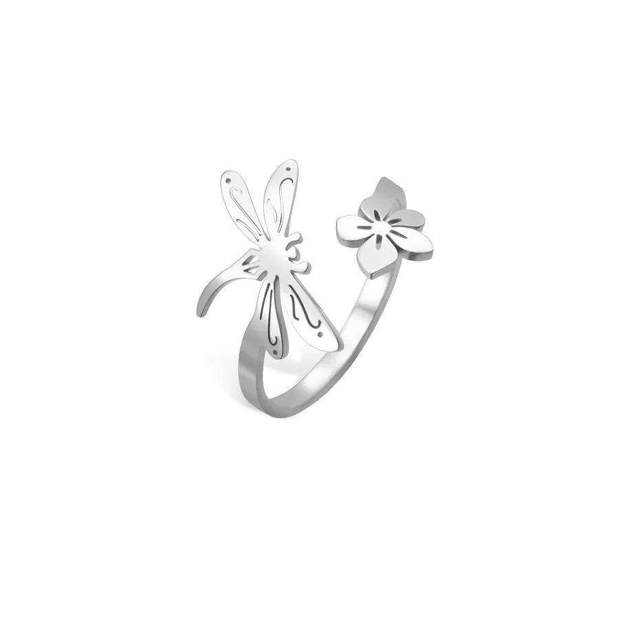 Gold Five-Petal Flower & Insect Open Ring Steel Color Dragonfly Open Ring