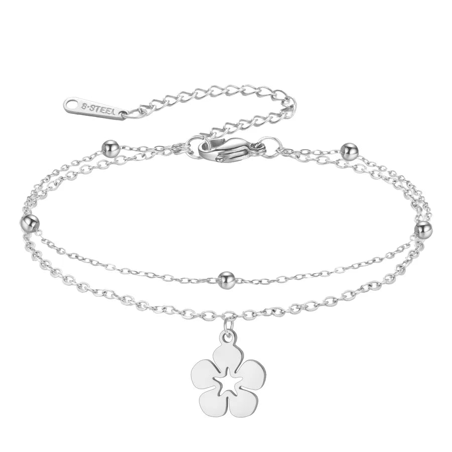 Double Layer Star Pendant Stainless Steel Bracelet Steel Color Five-petal Flower