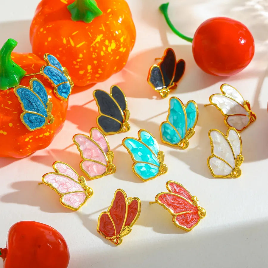 18K Gold Wing Stud Earrings – Enamel Finish