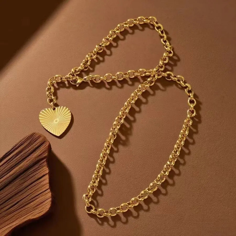 Titanium Steel Heart Pendant Necklace X0403-Thick Chain Heart Necklace- Gold