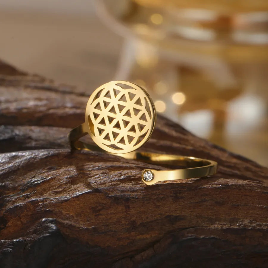 Boho Geometric Floral Open Ring – Gold Stainless Steel