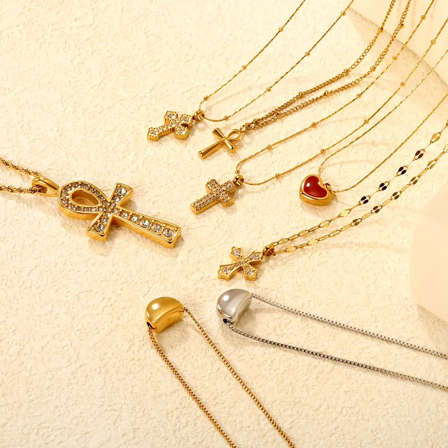 Gold Cross & Heart Stainless Steel Necklace