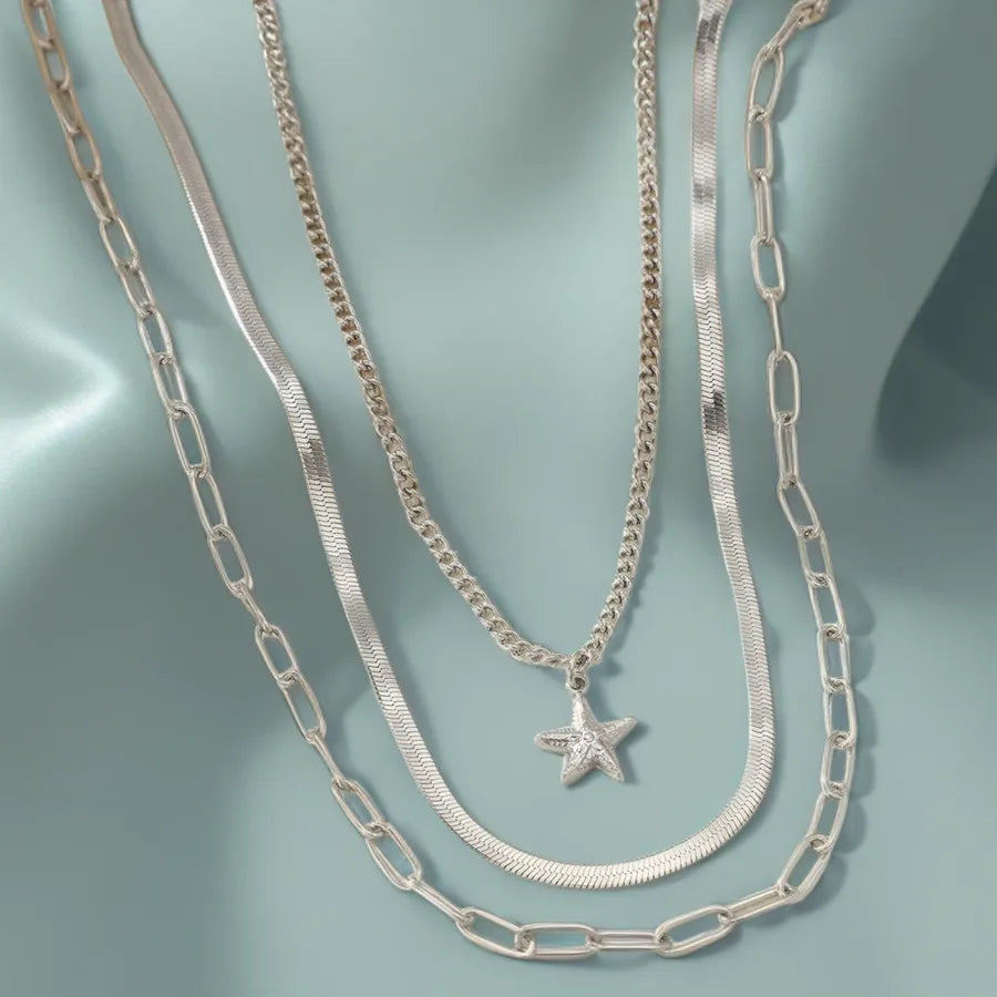 Gold Plated Stainless Steel Layered Pendant Necklace Average Size Steel Color 005#