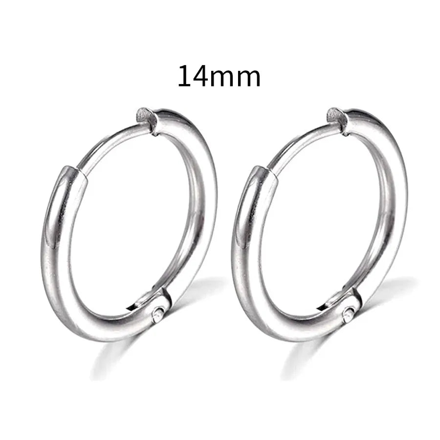 Men's Stainless Steel Round Hoop Earrings Steel Color 14mm