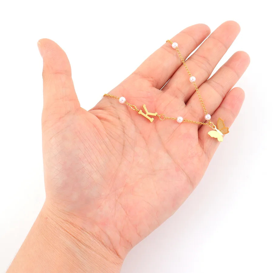 Gold Butterfly Letter Pendant Necklace