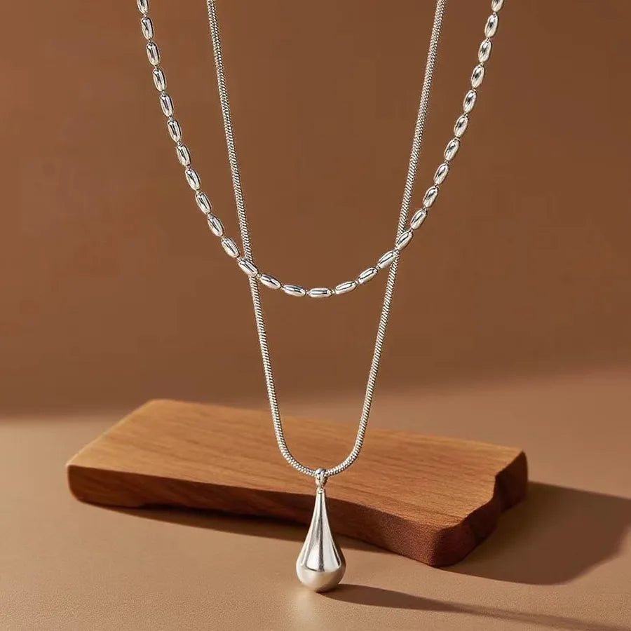 Titanium Steel Heart Pendant Necklace X01256-Double Layer Water Drop-Necklace-Steel Color