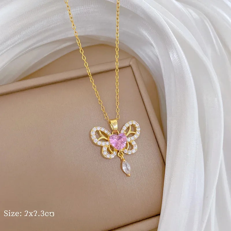 Gold Butterfly & Fish Choker Necklace F222 Titanium Steel Chain Copper Pendant