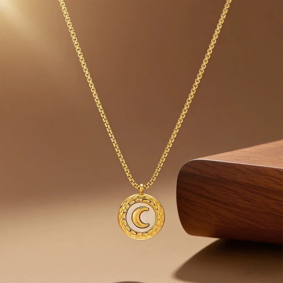 Elegant Titanium Steel Pendant Necklace X0109-White Shell Moon Necklace - Gold