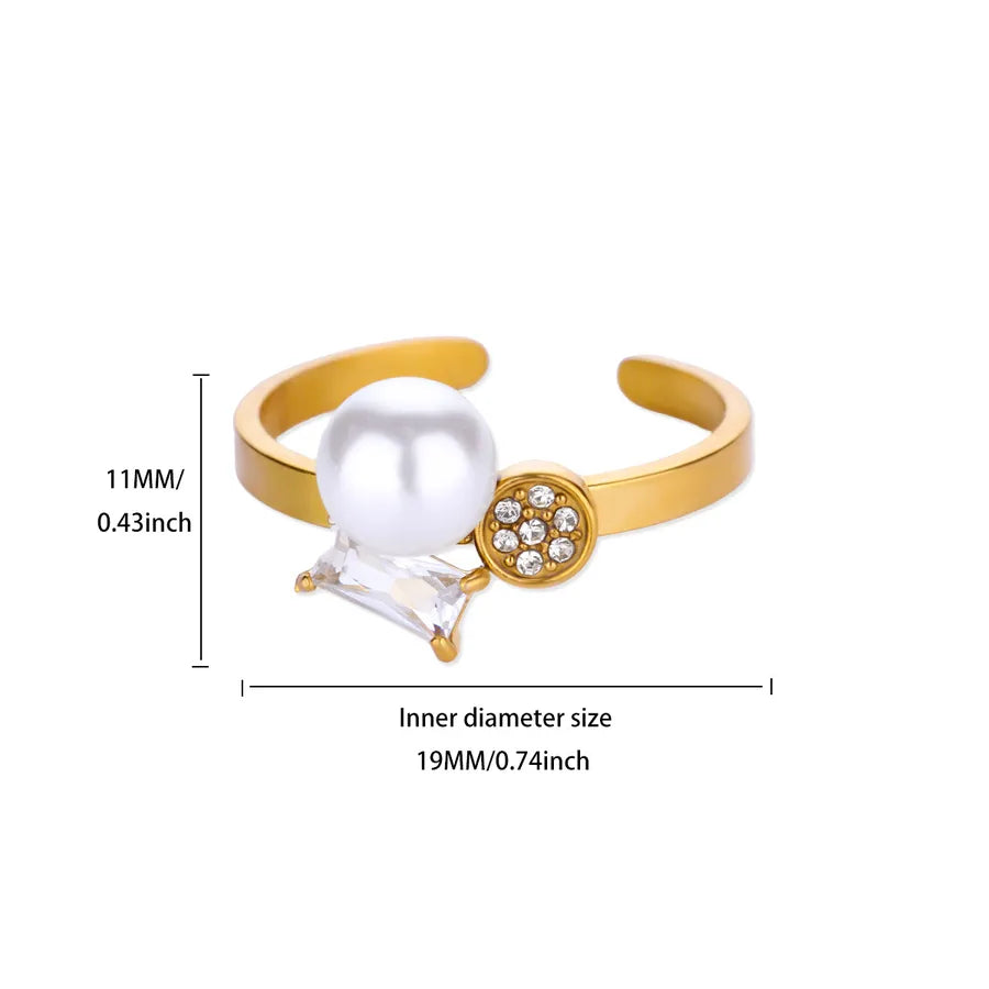 Gold Stainless Steel Wave Ring with Pearl & Zircon 1