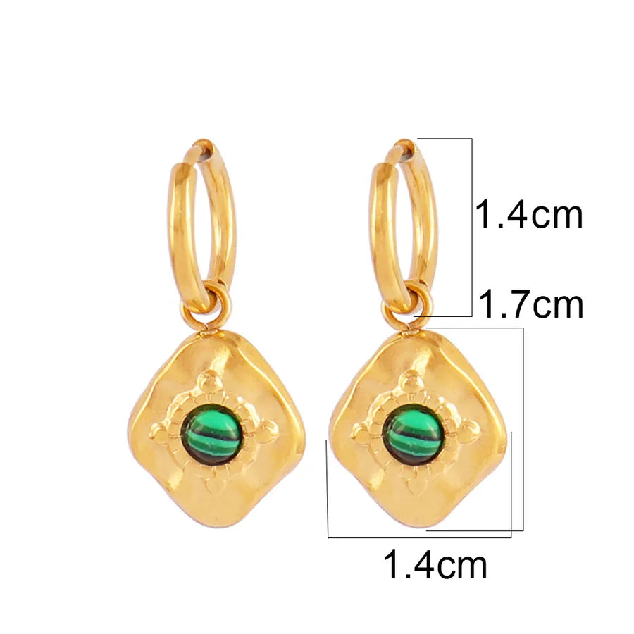 Turquoise Gold-Plated Geometric Hoop Earrings Green Malachite-B0131