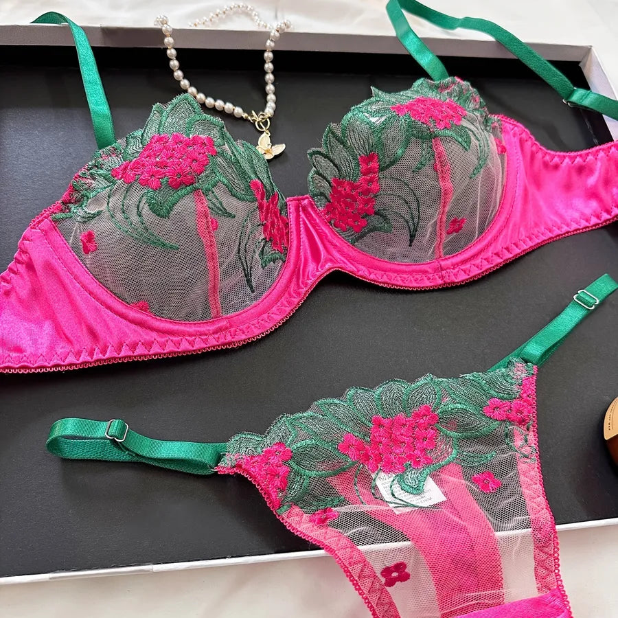 Women's Sheer Color Block Lingerie Set M Rose Red