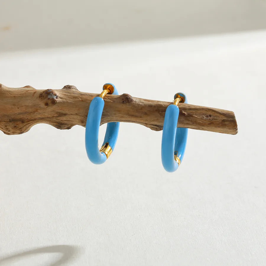 18K Gold Plated Round Stainless Steel Earrings Sky Blue-16.48*17.26*2.86mm