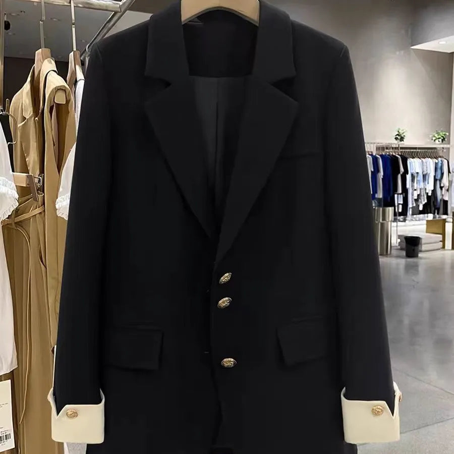 Women's Patchwork Sleeve Blazer - British Style Black