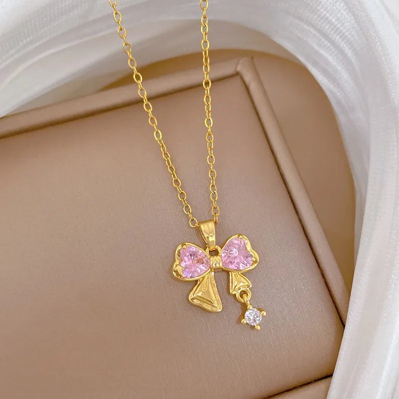 Gold Butterfly & Fish Choker Necklace A115 Pink Titanium Steel Chain Copper Pendant