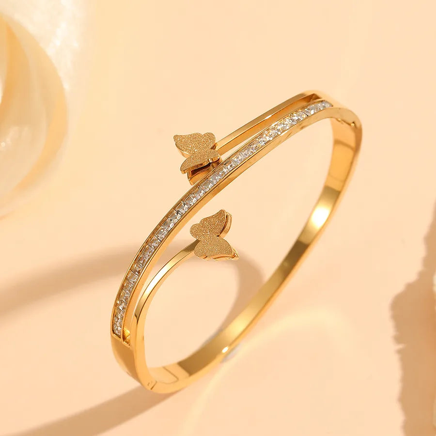 18K Gold Butterfly Bangle – Stainless Steel Single Layer Butterfly Bracelet with Rhinestones