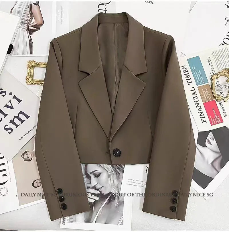Short Black Single-Button Women's Blazer Deep Coffee