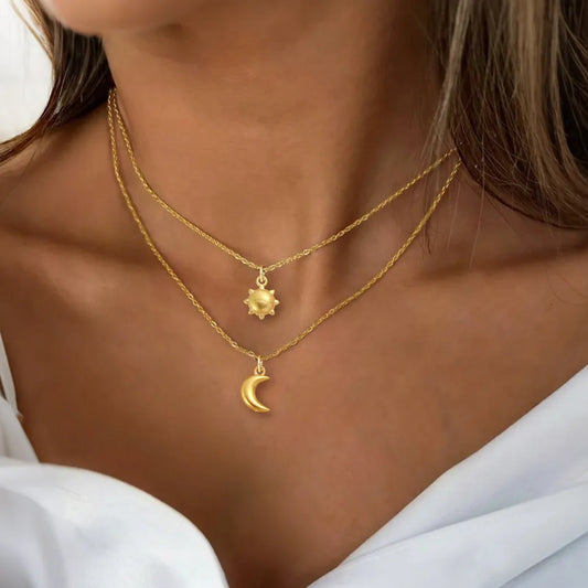 Gold Sun Moon Heart Layered Pendant Necklace