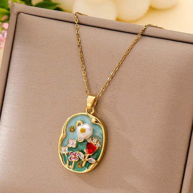 Boho Floral Pendant Necklace – Titanium Steel