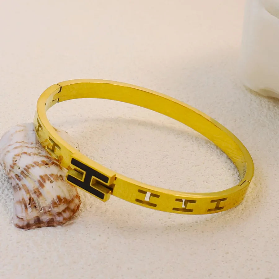 18K Gold Plated Zircon Hollow Stainless Steel Bracelet Average Size Gold Style 2