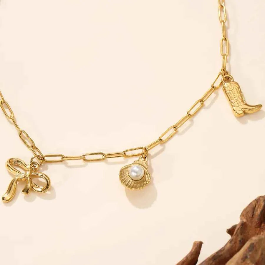 Gold Star Bowknot Pearl Necklace for Women