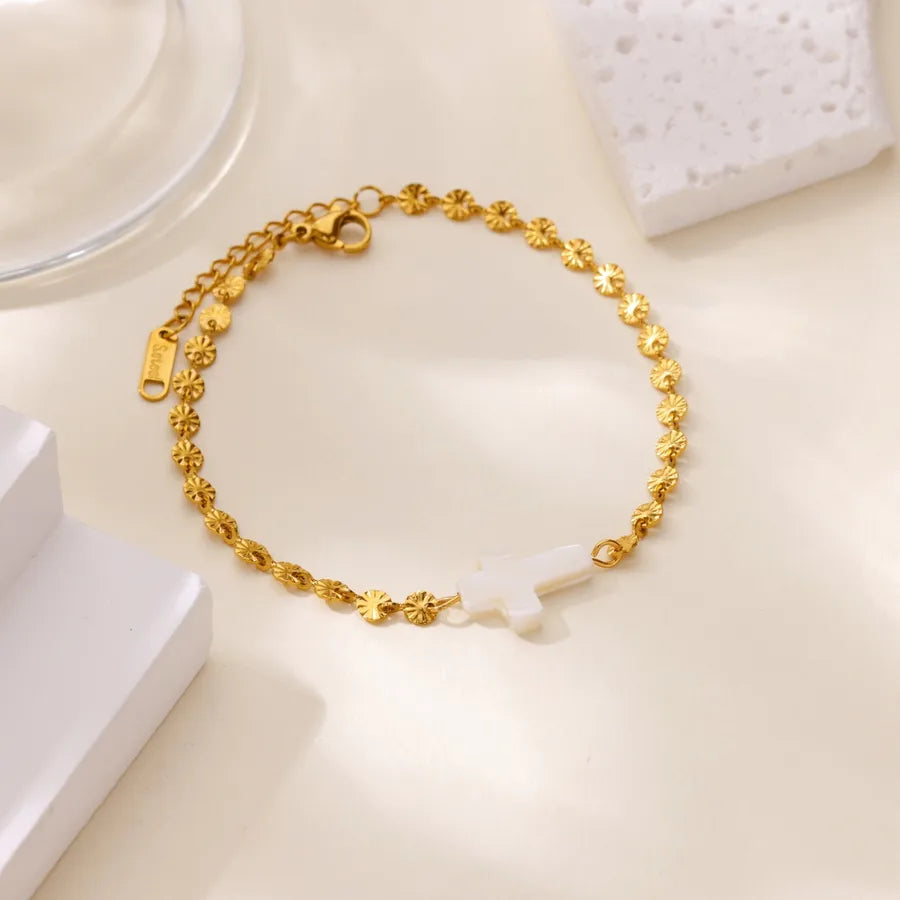 18K Gold Plated Pearl Cross Stainless Steel Bangle