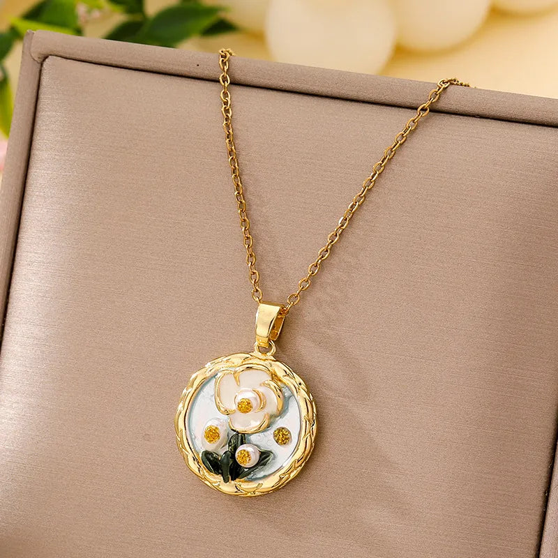 Boho Floral Pendant Necklace – Titanium Steel B007- Gold