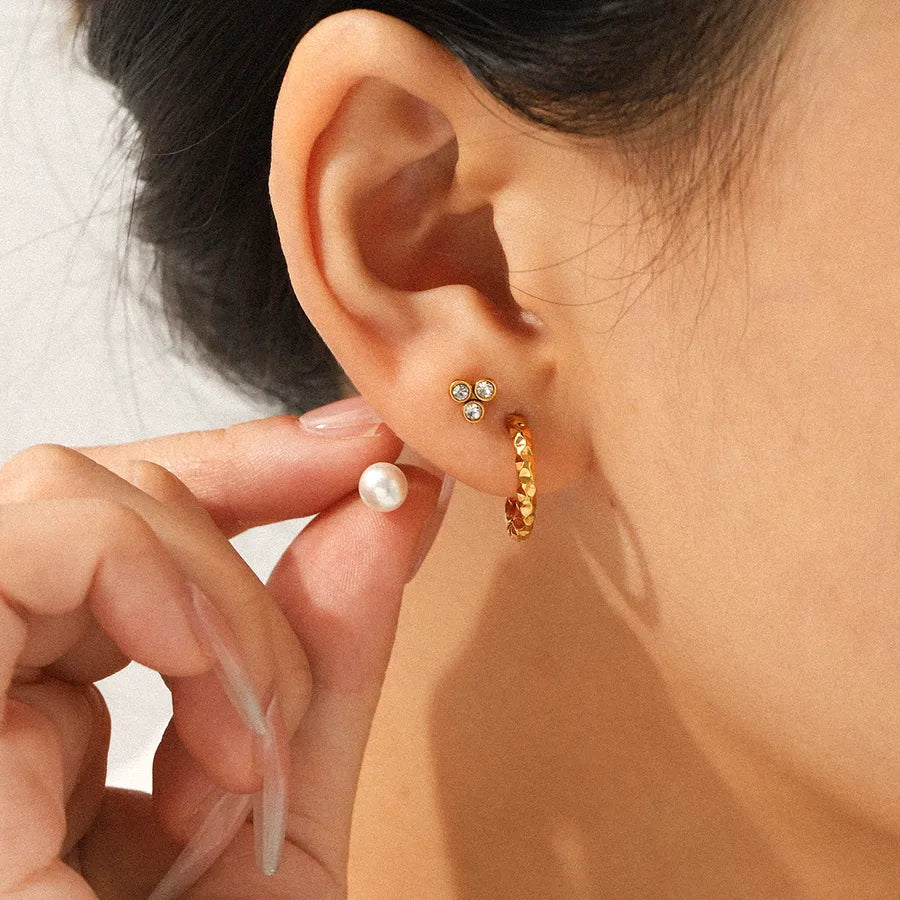 Gold Geometric Pearl & Zircon Stud Earring Set