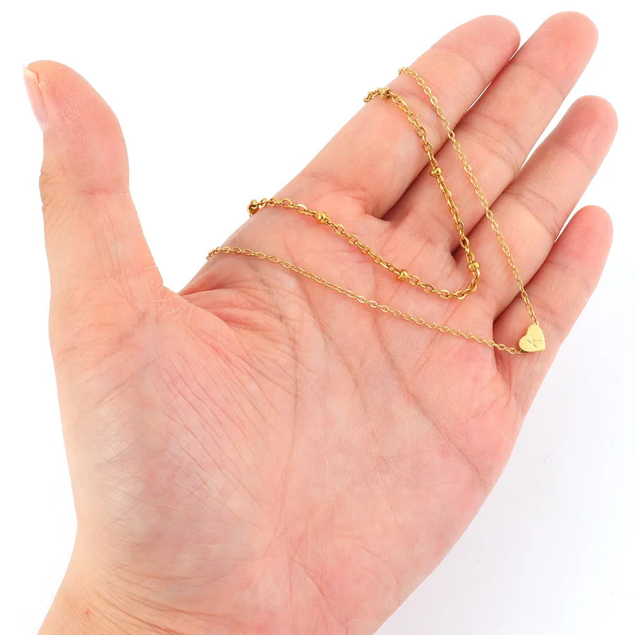 Gold Heart Initial Pendant Layered Necklace Set