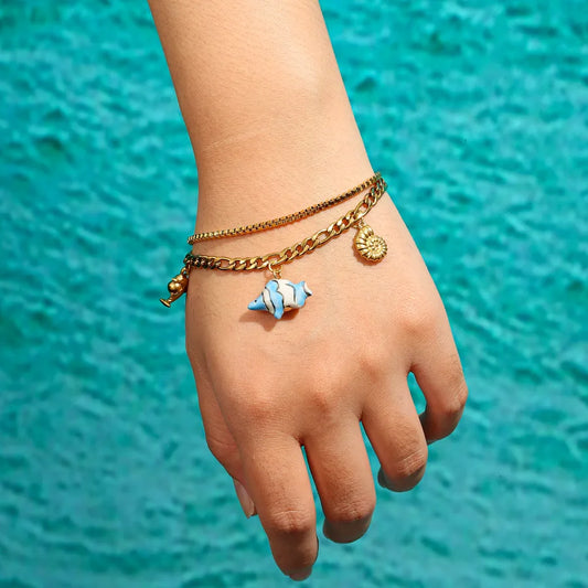 18K Gold Dolphin & Fish Charm Bracelet