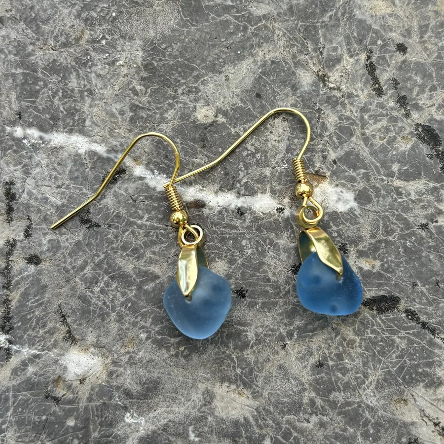Sea Glass Dangle Earrings with Stainless Steel Hooks Gold Ear Hook-Light Qulanhai Glass
