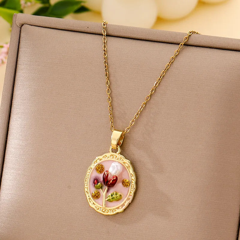 Boho Floral Pendant Necklace – Titanium Steel B003- Gold