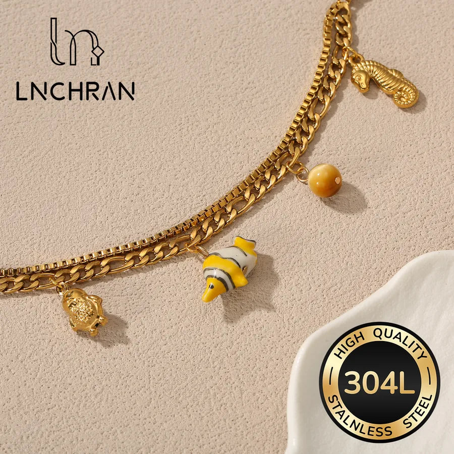 Gold Stainless Steel Bracelet with Fish & Seahorse