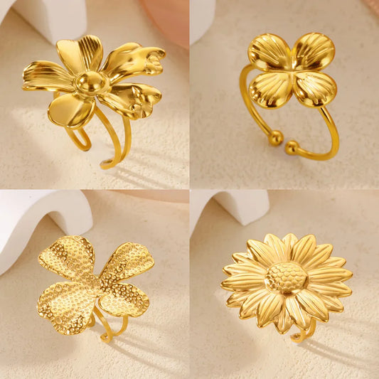 18K Gold Plated Boho Floral Open Ring