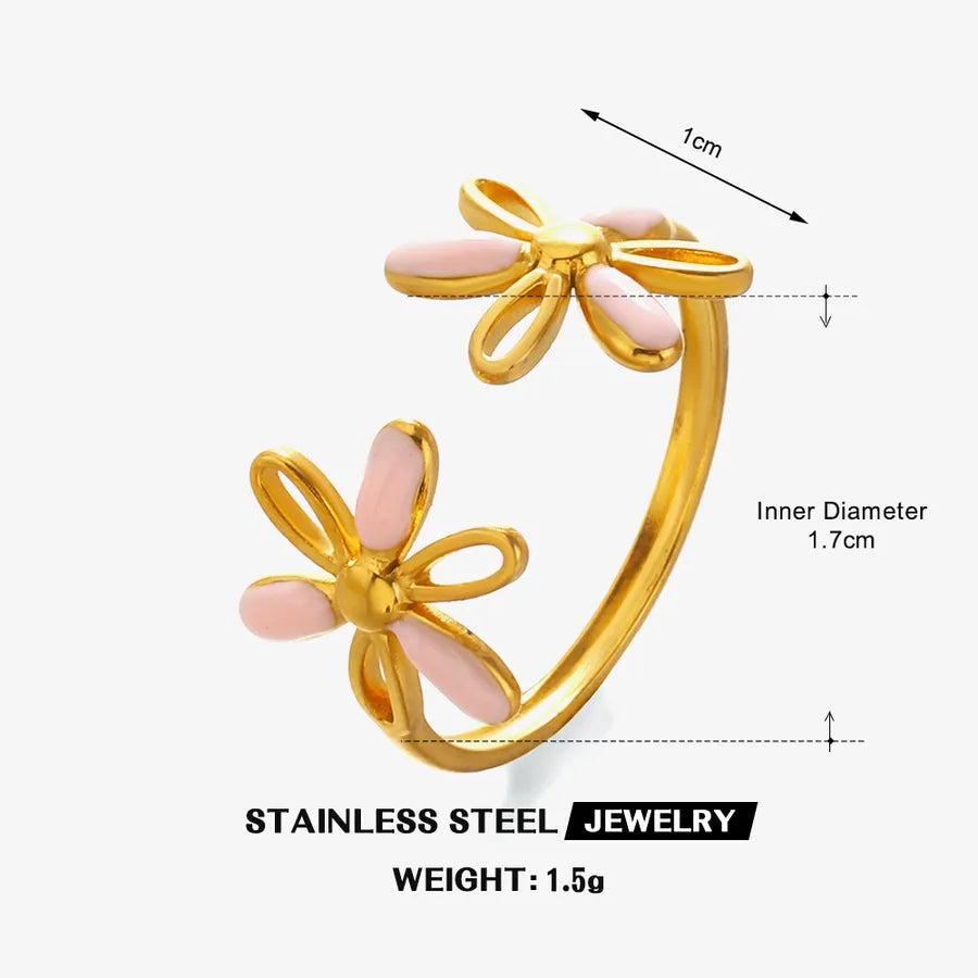 18K Gold Plated Colorful Flower Open Ring Pink