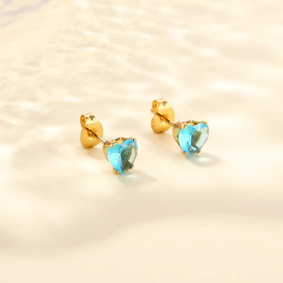 Heart-Shaped Zircon Stainless Steel Earrings Sky Blue