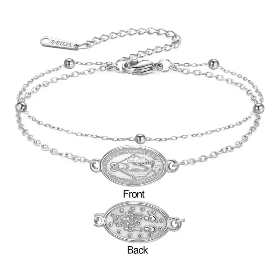 Stainless Steel Virgin Mary Bracelet – Black & Red Rope Steel Color-double Layer Chain