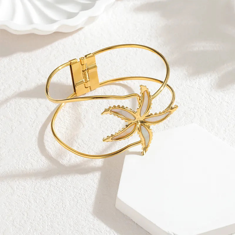 Gold Starfish Bangle Bracelet for Women White