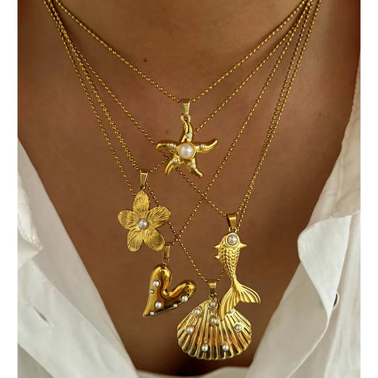 18K Gold Ocean Heart Flower Pendant Necklace