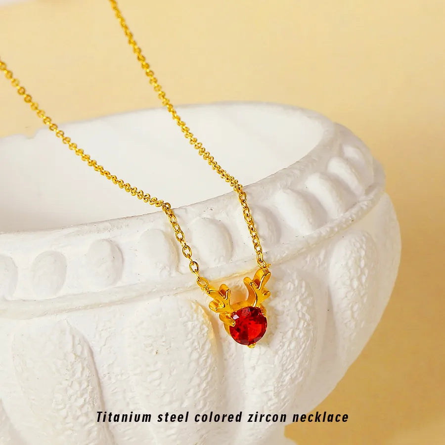 Elegant Deer Pendant Necklace – PVD Gold Stainless Steel 316 Titanium Steel Gold Red Stone N0015G-3