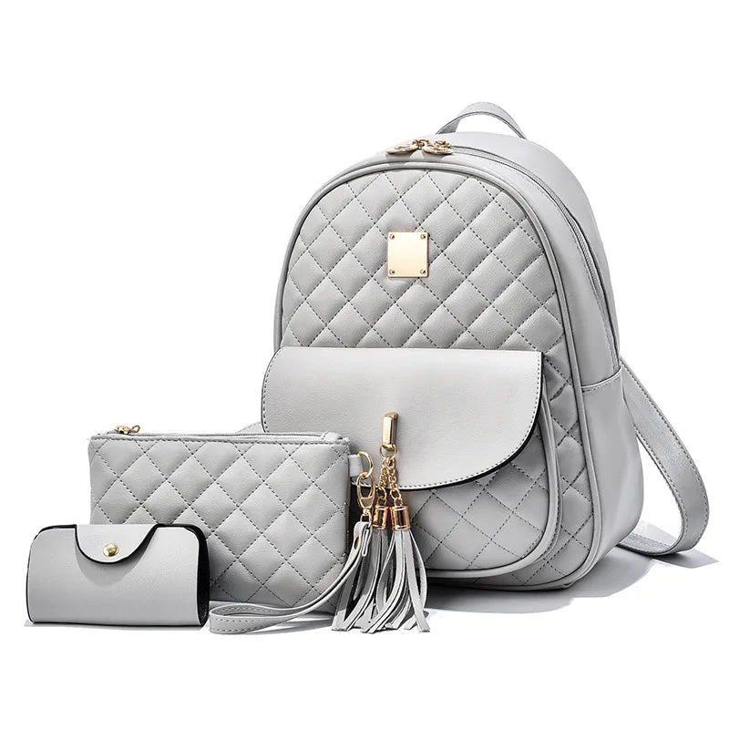 Women's Quilted PU Backpack Set with Bow & Tassel