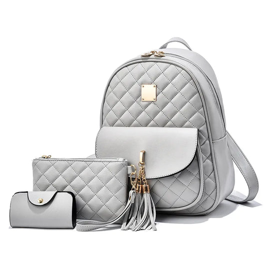 Women's Quilted PU Backpack Set with Bow & Tassel